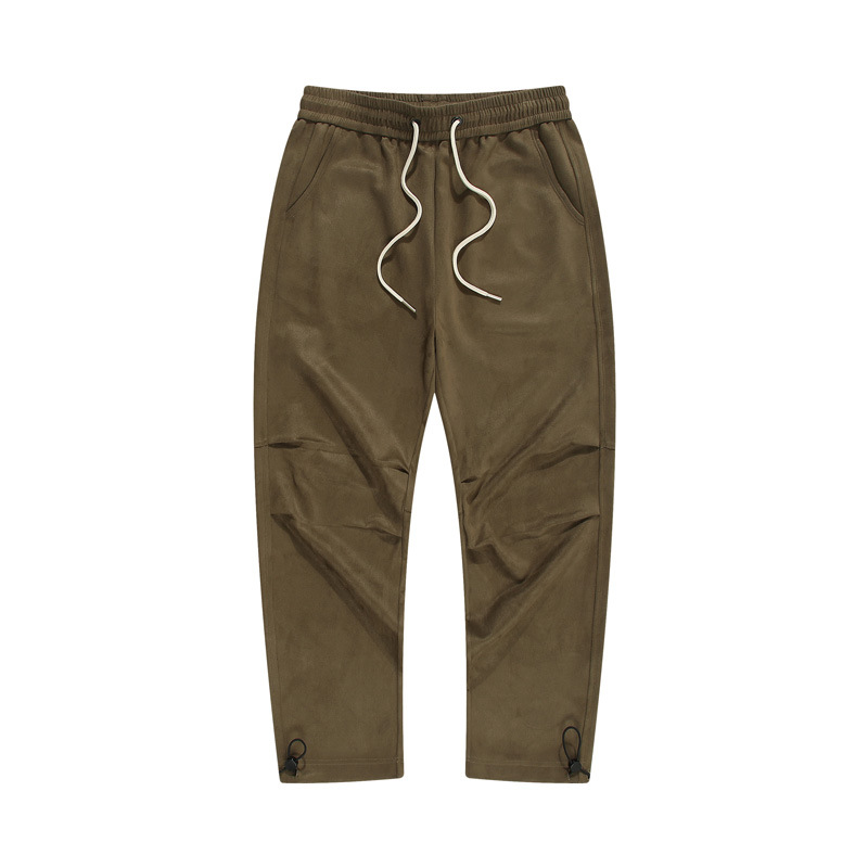 Men's Brown Suede Cargo Pants Plain Brown Pants with Elastic Waistband and Drawstring Fashion Pants