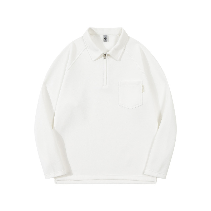 Men's White Long Sleeve Polo Shirt with Front Pockets Plain White Sweatshirt with Zipper Casual Tops