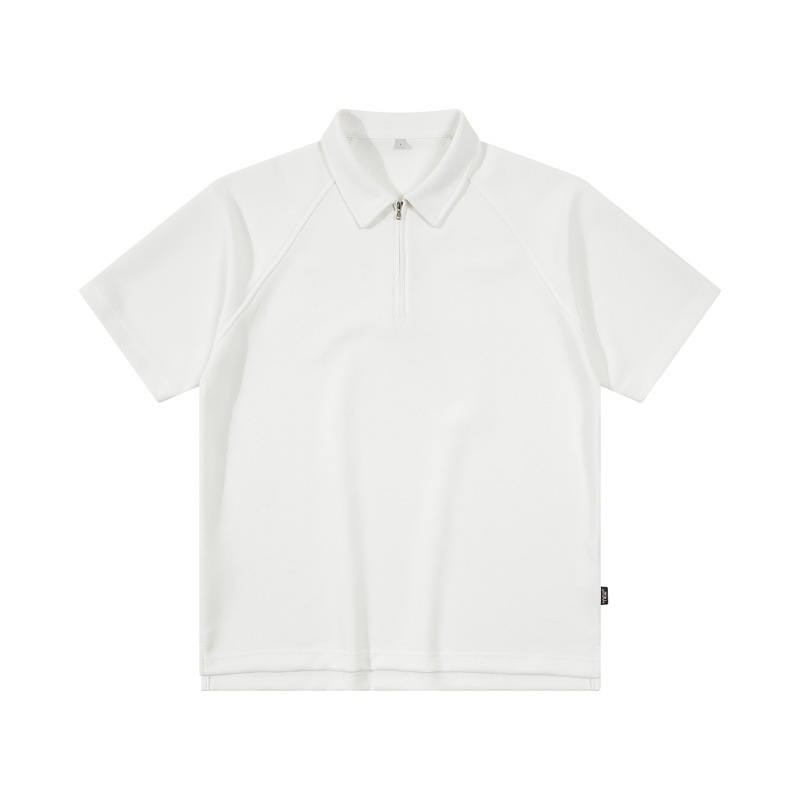 Men's Plain White Short Sleeve Polo Shirt with Zipper Casual Drop Shoulder Polo Shirt