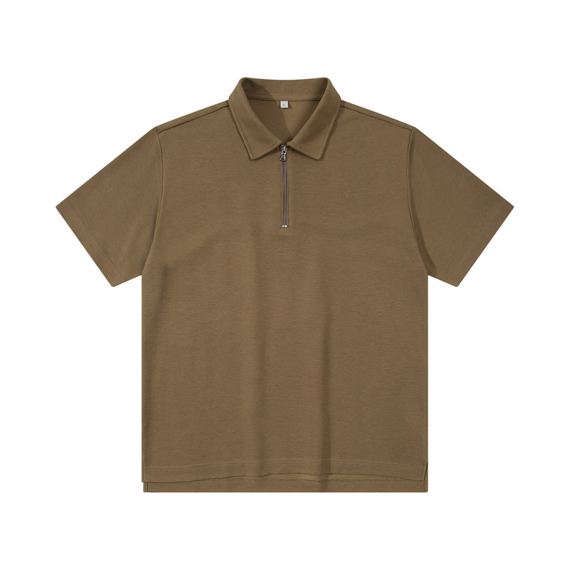 Men's Plain Green Zipper Polo Shirt Casual Straight Fit Short Sleeve Polo Shirt 