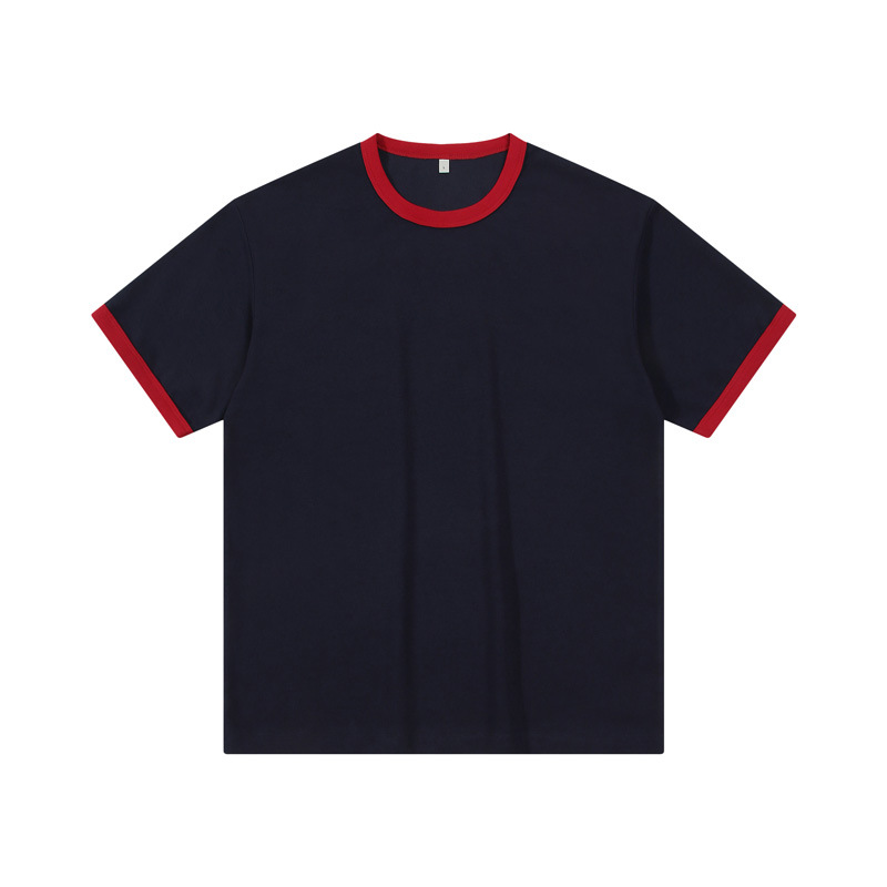 Men's Dark Blue Cotton Crew Neck T Shirt Drop Shoulder T Shirt with Red Neckline Casual T Shirt