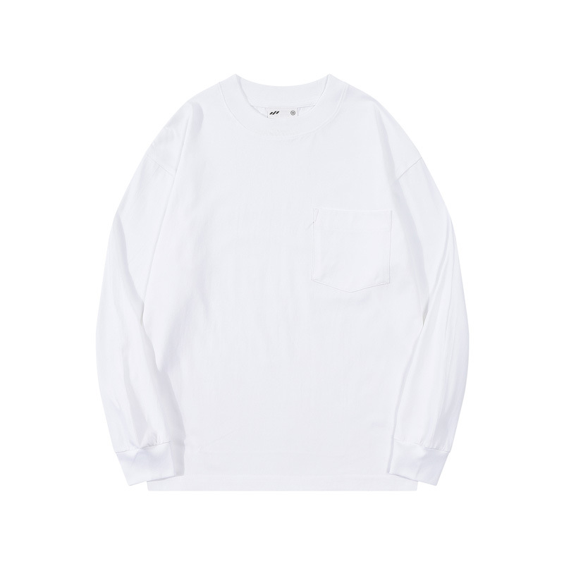 Men's White Crew Neck Cotton Sweatshirt with Front Pockets Plain Autumn Winter Sweatshirt