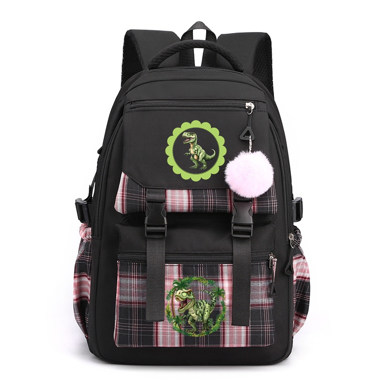 Dinosaur Graphic Print Nylon School Backpack for Girls Waterproof Multiple Pockets Gift for Kids