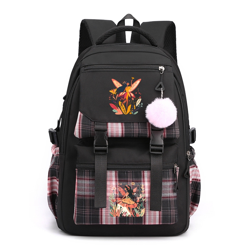 Flower Fairy Nylon School Backpack for Girls Waterproof Multiple Pockets Gift for Kids