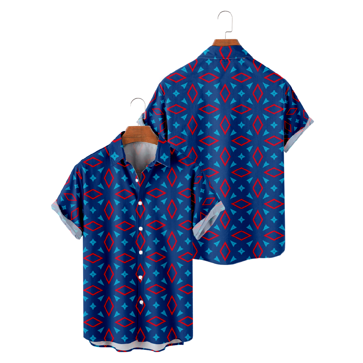 Blue Red Tribal Linen Pattern Print Button Up Shirt for Men Short Sleeve Shirt Casual 