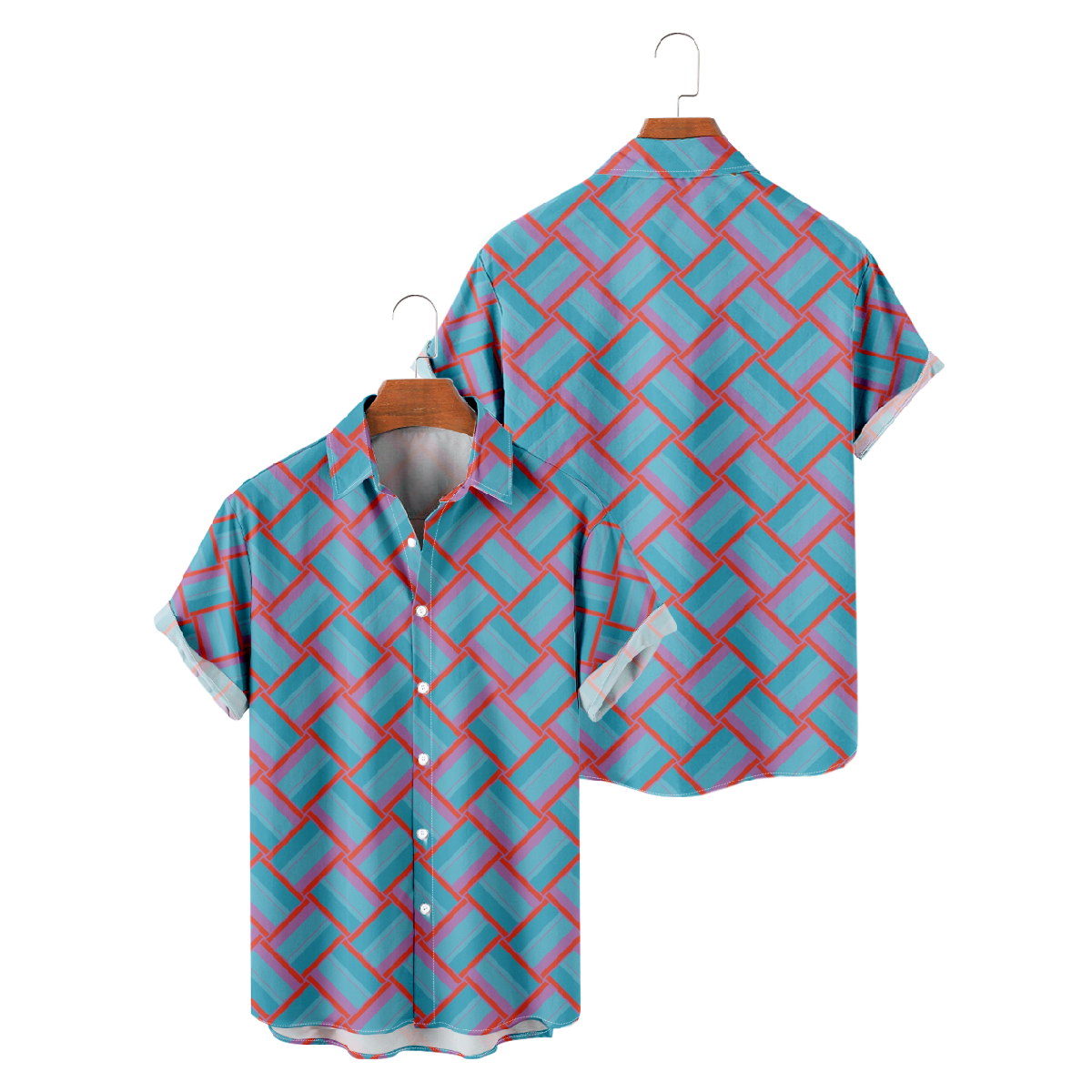 Blue Pink Weave Mat Pattern Print Button Up Shirt for Men Short Sleeve Shirt Casual 