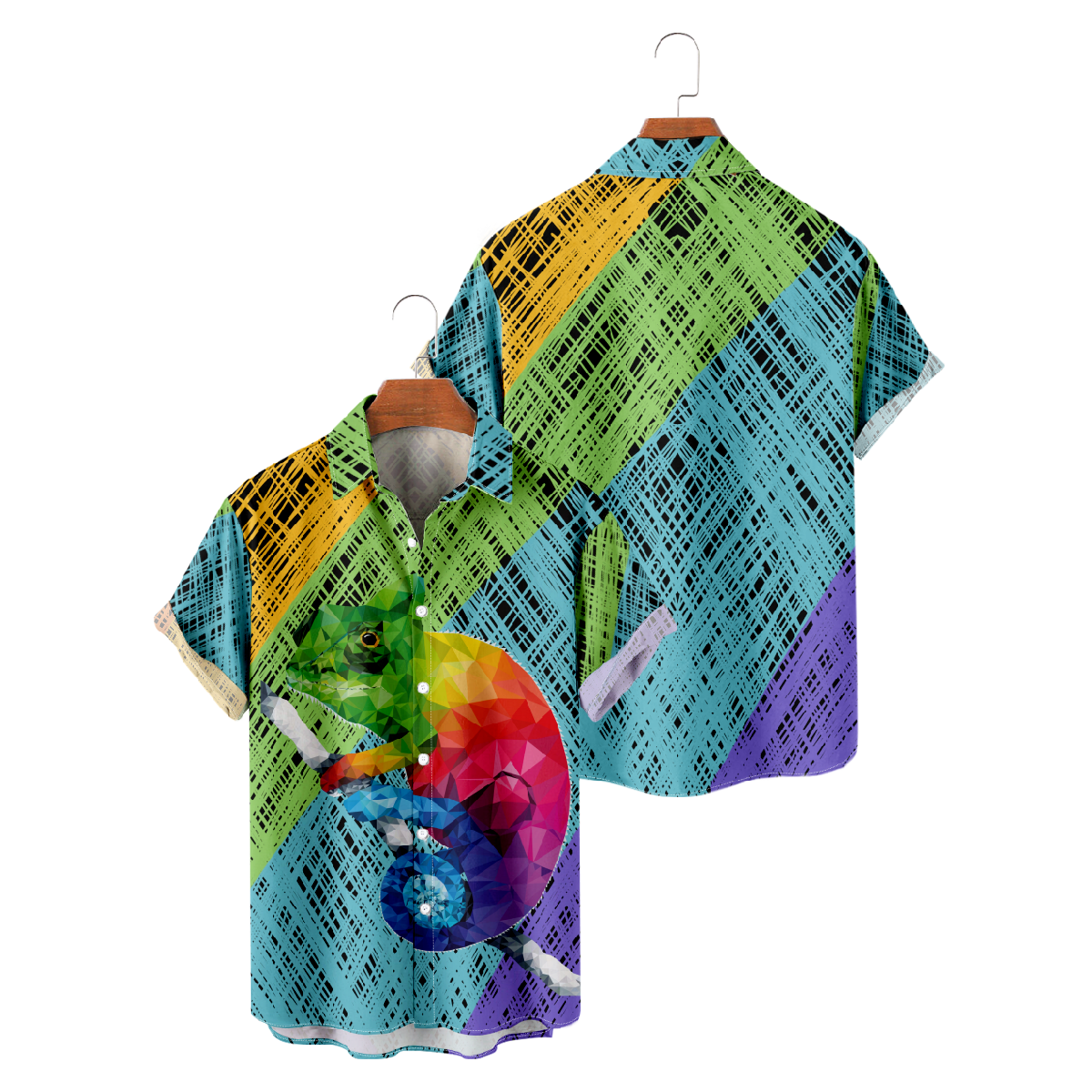 Rainbow Chameleon Button Up Shirt for Men Hawaiian Shirt Short Sleeve 