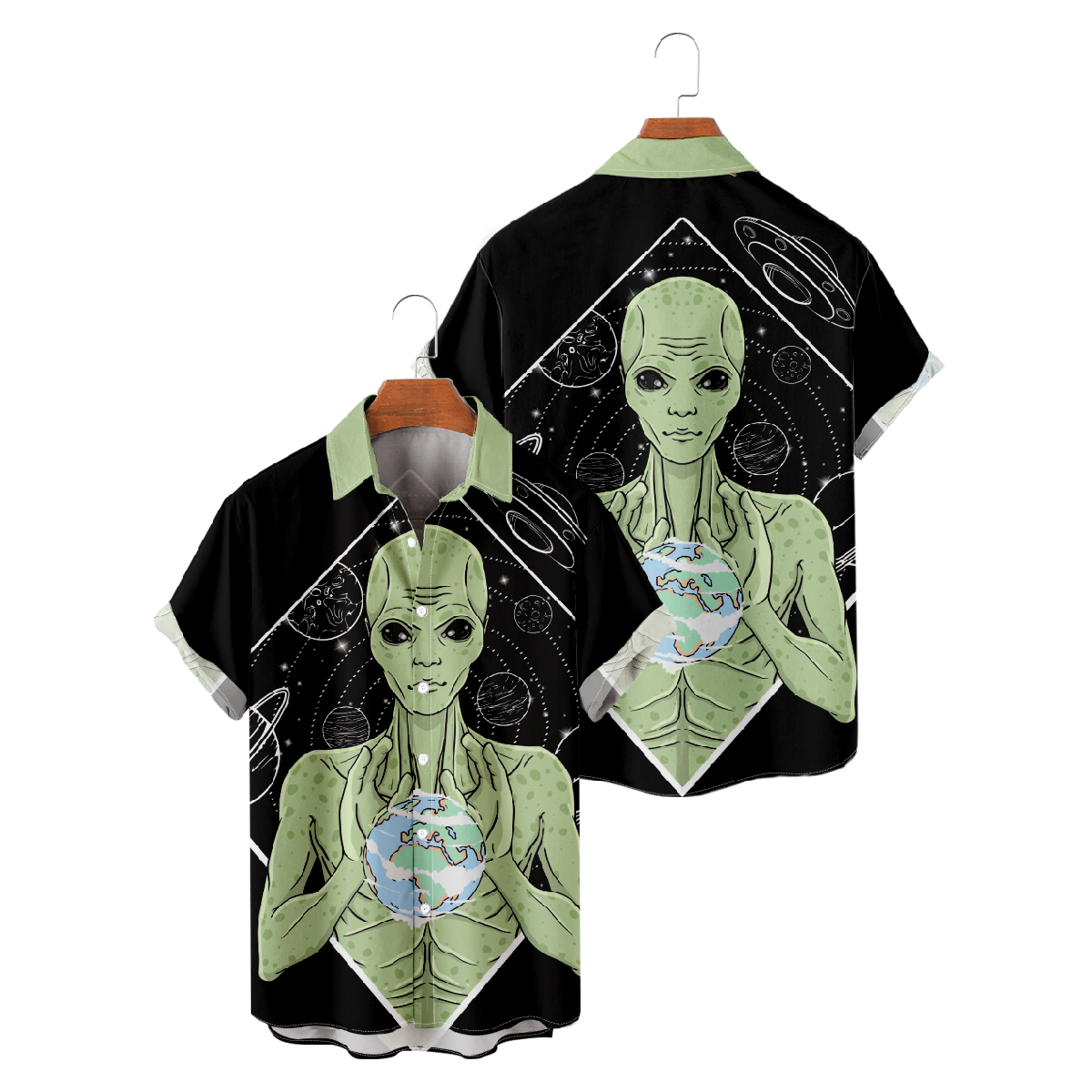 UFO Alien Button Up Shirt for Men UFO Hawaiian Shirt Alien Short Sleeve Shirt
