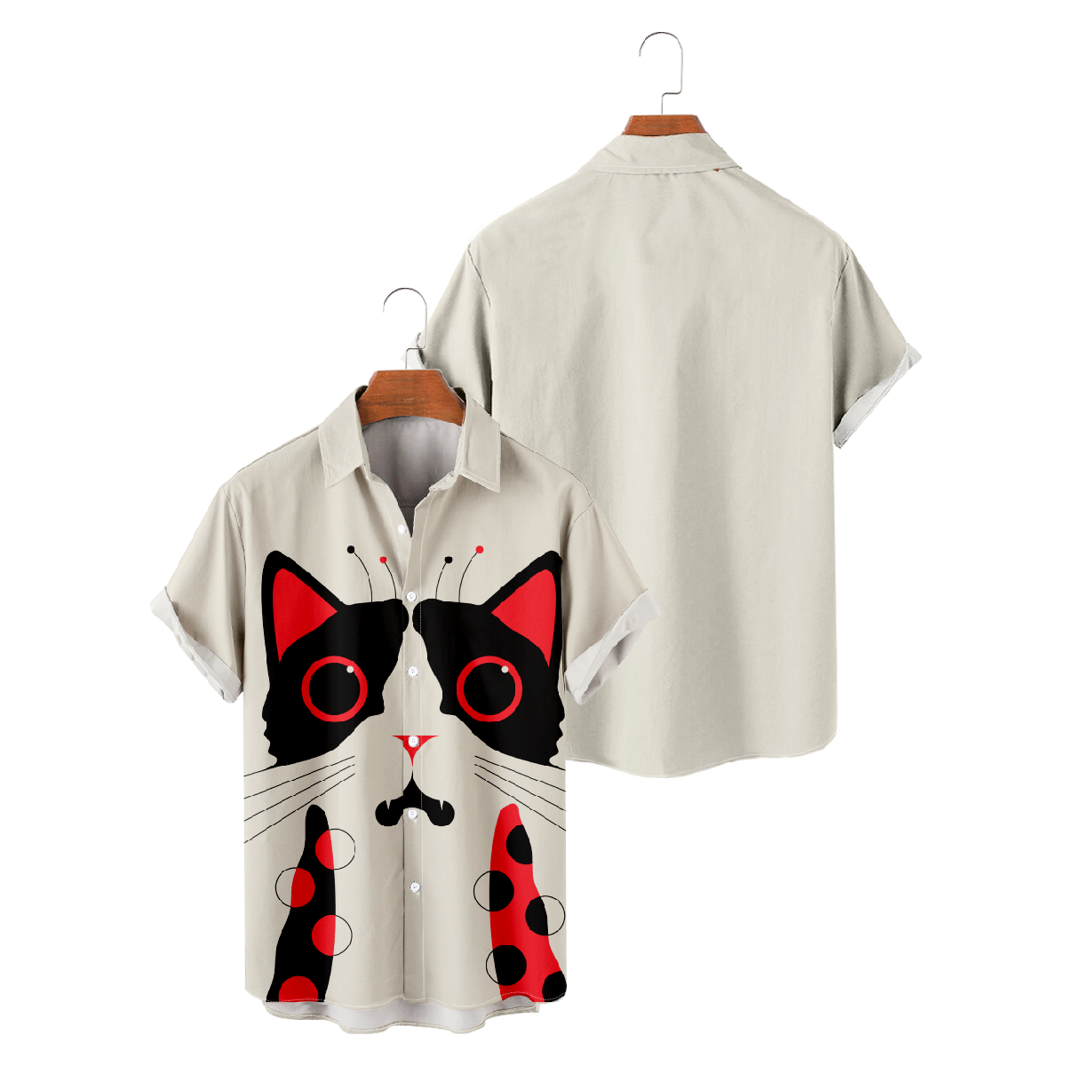 Cat Print Hawaiian Shirt Button Up Short Sleeve Front Print Tops Casual Shirt