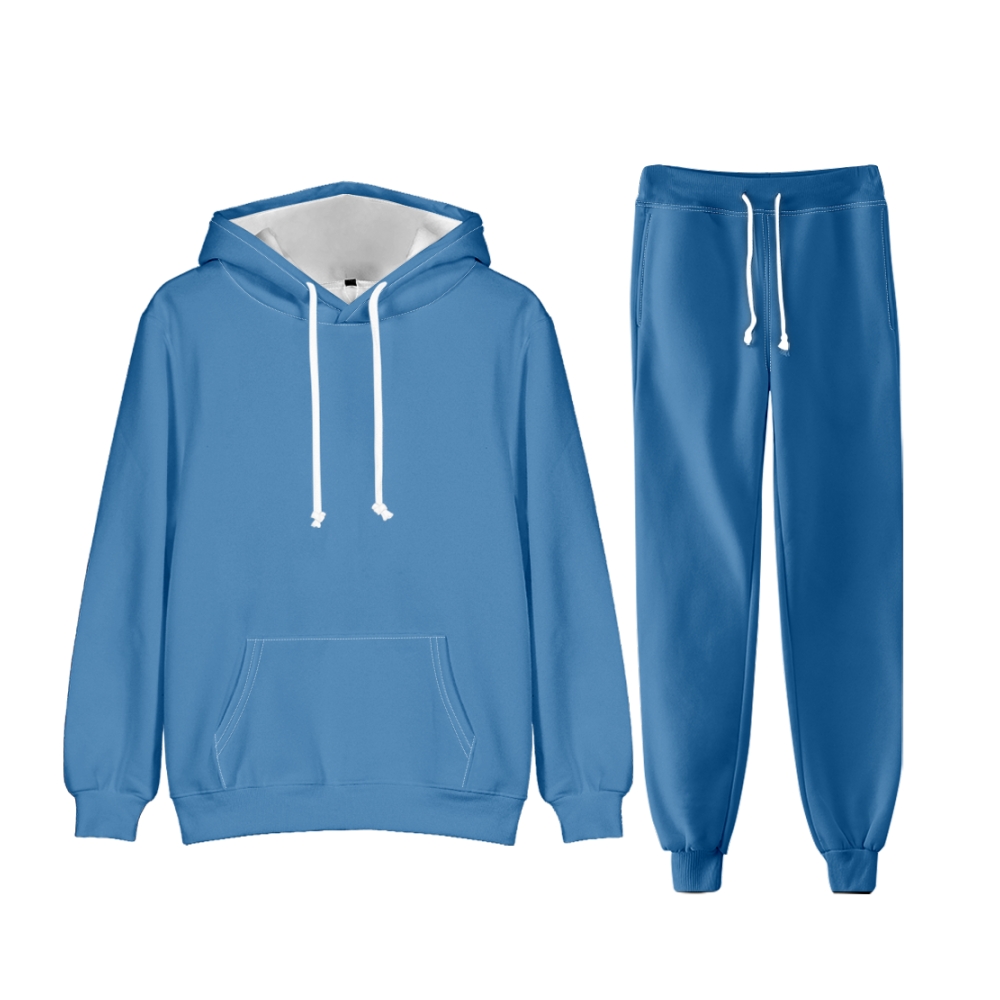 Blue Long Sleeve Pullover Hoodie and Jogger Pants Plain Blue Outfit 2 Pieces Suit Unisex Clothing for Adult