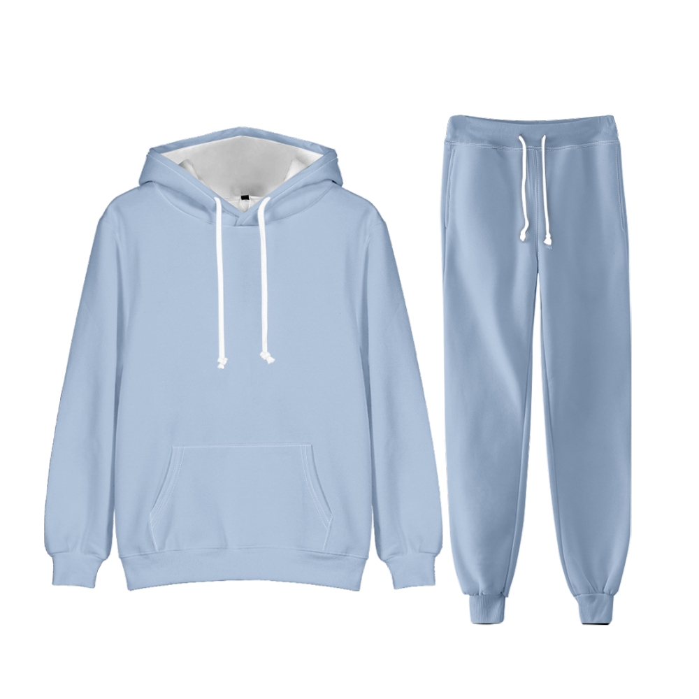 Blue Long Sleeve Pullover Hoodie and Jogger Pants Plain Blue Outfit 2 Pieces Suit Unisex Clothing for Adult