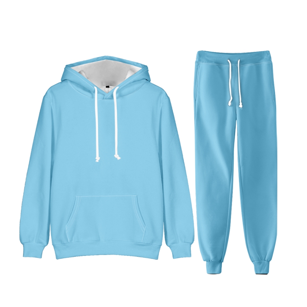 Sky Blue Long Sleeve Pullover Hoodie and Jogger Pants Plain Sky Blue Outfit 2 Pieces Suit Unisex Clothing for Adult