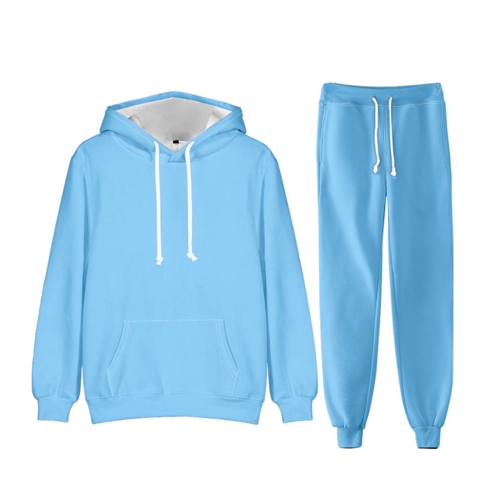 Light Sky Blue Long Sleeve Pullover Hoodie and Jogger Pants Plain Light Sky Blue Outfit 2 Pieces Suit Unisex Clothing for Adult