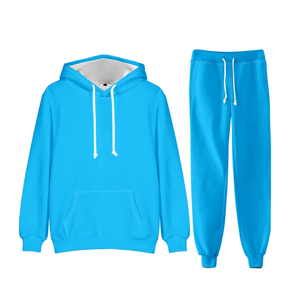 Deep Sky Blue Long Sleeve Pullover Hoodie and Jogger Pants Plain Deep Sky Blue Outfit 2 Pieces Suit Unisex Clothing for Adult