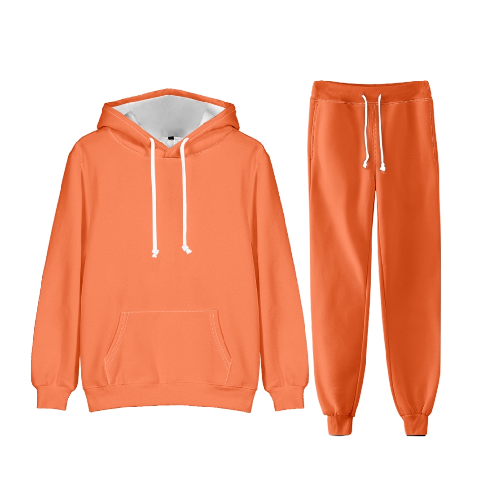 Coral Orange Long Sleeve Pullover Hoodie and Jogger Pants Plain Coral Orange Outfit 2 Pieces Suit Unisex Clothing for Adult