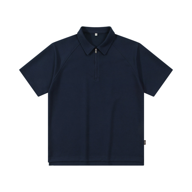 Men's Plain Navy Blue Short Sleeve Polo Shirt with Zipper Casual Drop Shoulder Polo Shirt