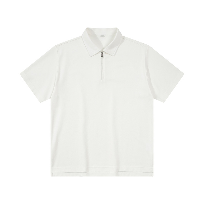 Men's Plain White Zipper Polo Shirt Casual Straight Fit Short Sleeve Polo Shirt 