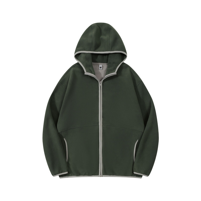 Men's Green Zipper Fleece Jacket with Hood Warm Jacket with Outer Pockets Casual Jacket