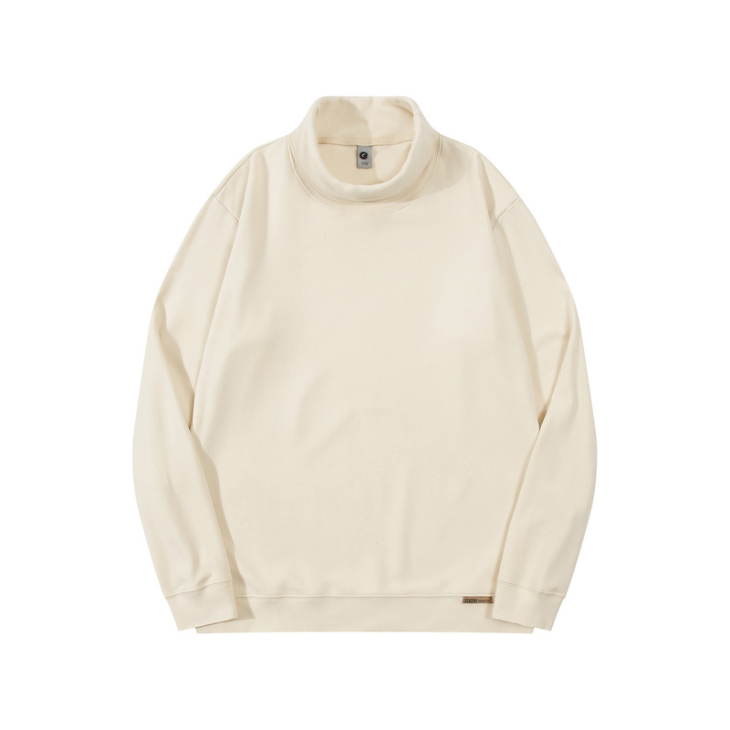 Men's Beige High Collar Long Sleeve Fleece Sweatshirt Plain Beige Warm Sweatshirt 