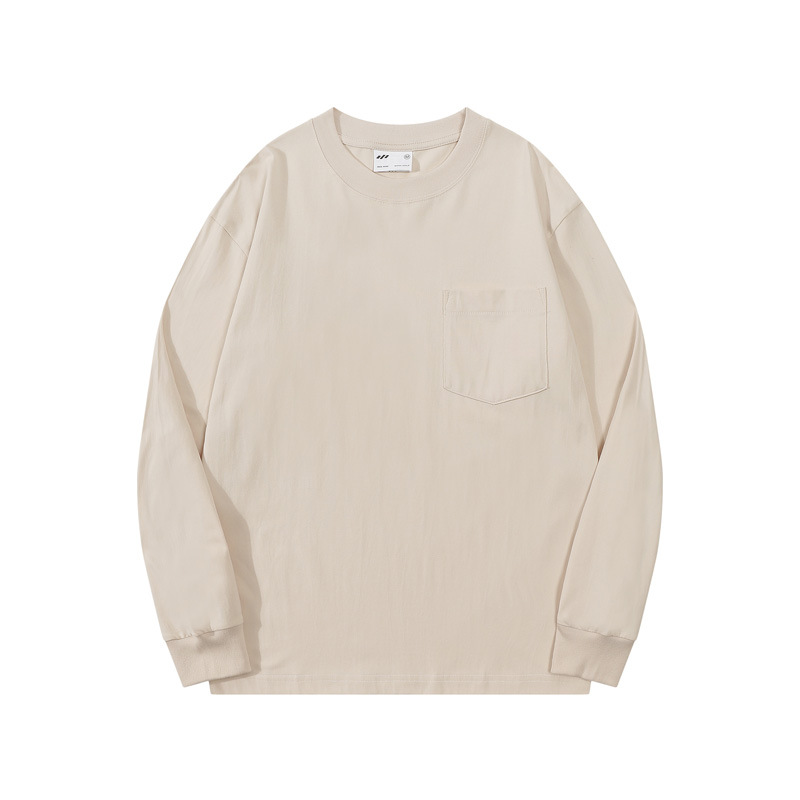 Men's Khaki Crew Neck Cotton Sweatshirt with Front Pockets Plain Autumn Winter Sweatshirt