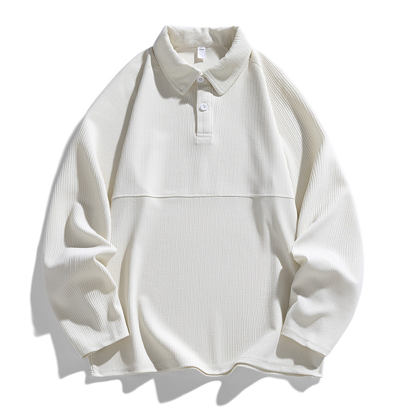 Men's White Fashion Long Sleeve Polo Shirt Casual Plain Polo Shirt