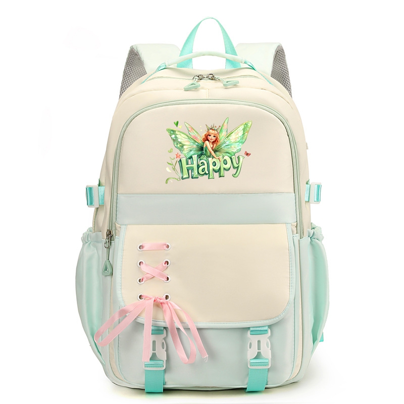 Fairy Nylon School Backpack for Girls Green Fairy Waterproof Multiple Pockets Gift for Kids