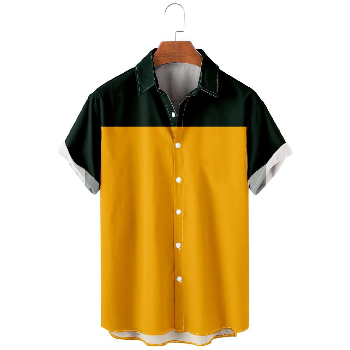 Mens American Football Green Bay Dark Green and Gold Button Up Shirt Short Sleeve Regular Fit Breathable Shirt