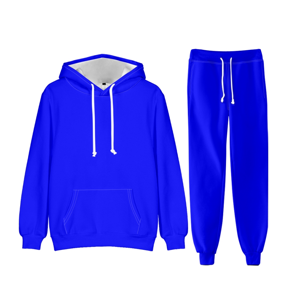 Blue Long Sleeve Pullover Hoodie and Jogger Pants Plain Blue Outfit 2 Pieces Suit Unisex Clothing for Adult