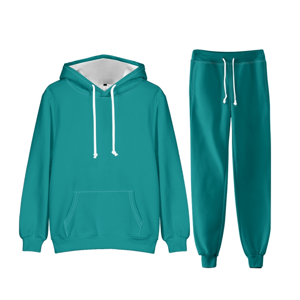 Dark Cyan Long Sleeve Pullover Hoodie and Jogger Pants Plain Dark Cyan Outfit 2 Pieces Suit Unisex Clothing for Adult