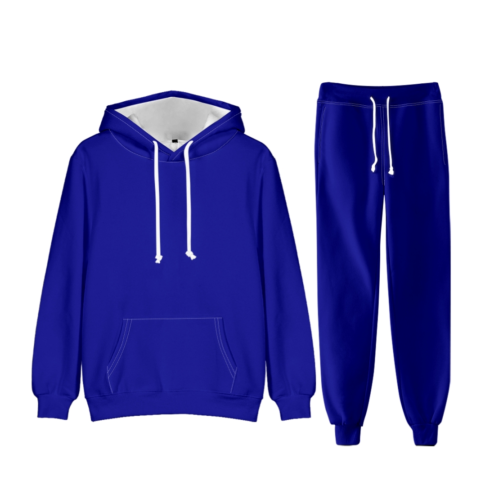 Dark Blue Long Sleeve Pullover Hoodie and Jogger Pants Plain Dark Blue Outfit 2 Pieces Suit Unisex Clothing for Adult