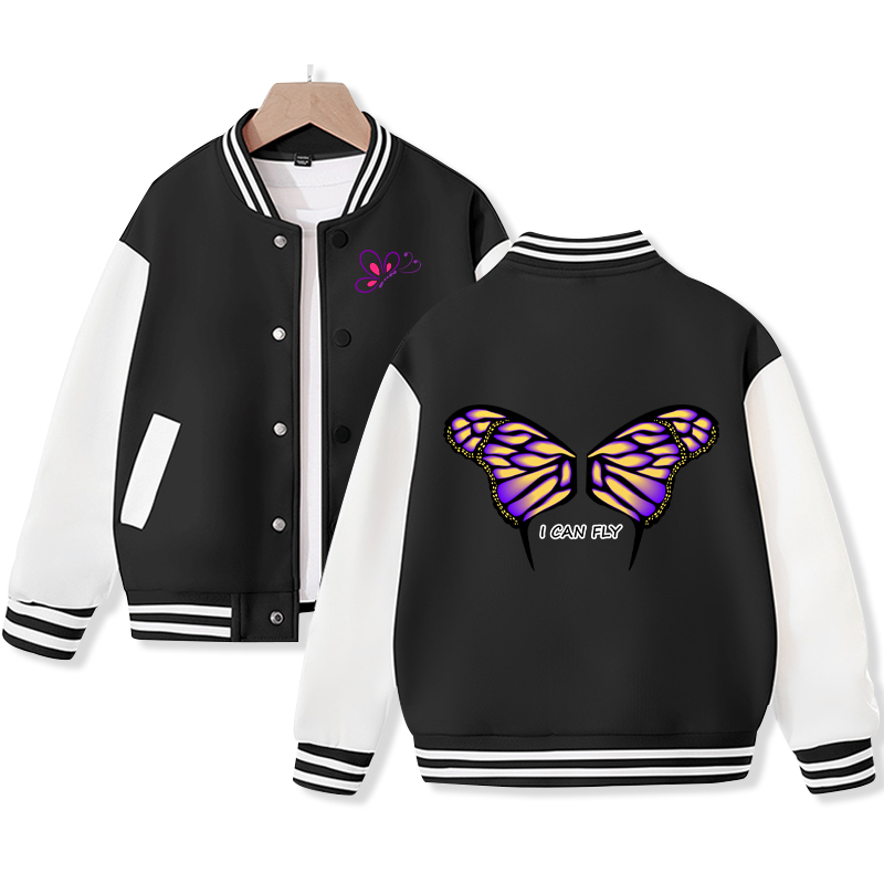 Kid's Butterfly Varsity Jacket Butterfly Wings Print Baseball Jacket Letter I CAN FLY Print Jacket