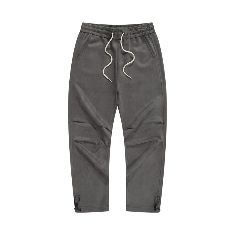Men's Dark Gray Suede Cargo Pants Plain Dark Gray Pants with Elastic Waistband and Drawstring Fashion Pants