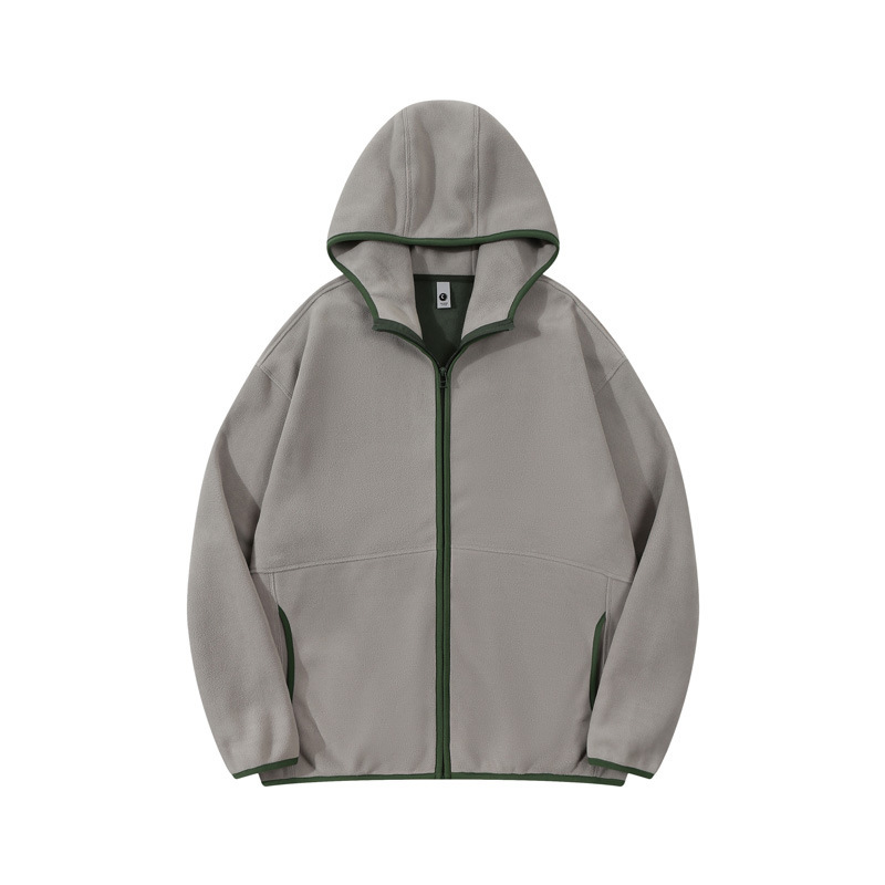 Men's Gray Zipper Fleece Jacket with Hood Warm Jacket with Outer Pockets Casual Jacket