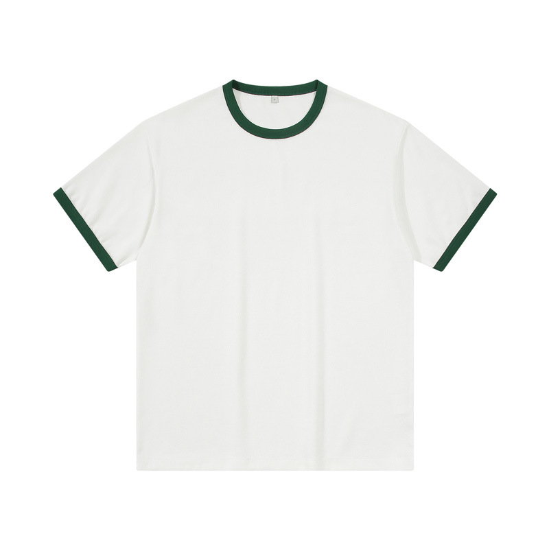 Men's White Cotton Crew Neck T Shirt Drop Shoulder T Shirt with Green Neckline Casual T Shirt