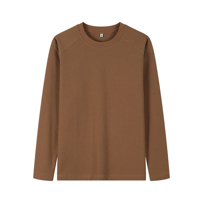 Men's Brown Waffle Crew Neck Long Sleeve Sweatshirt Plain Brown Cotton Sweatshirt 