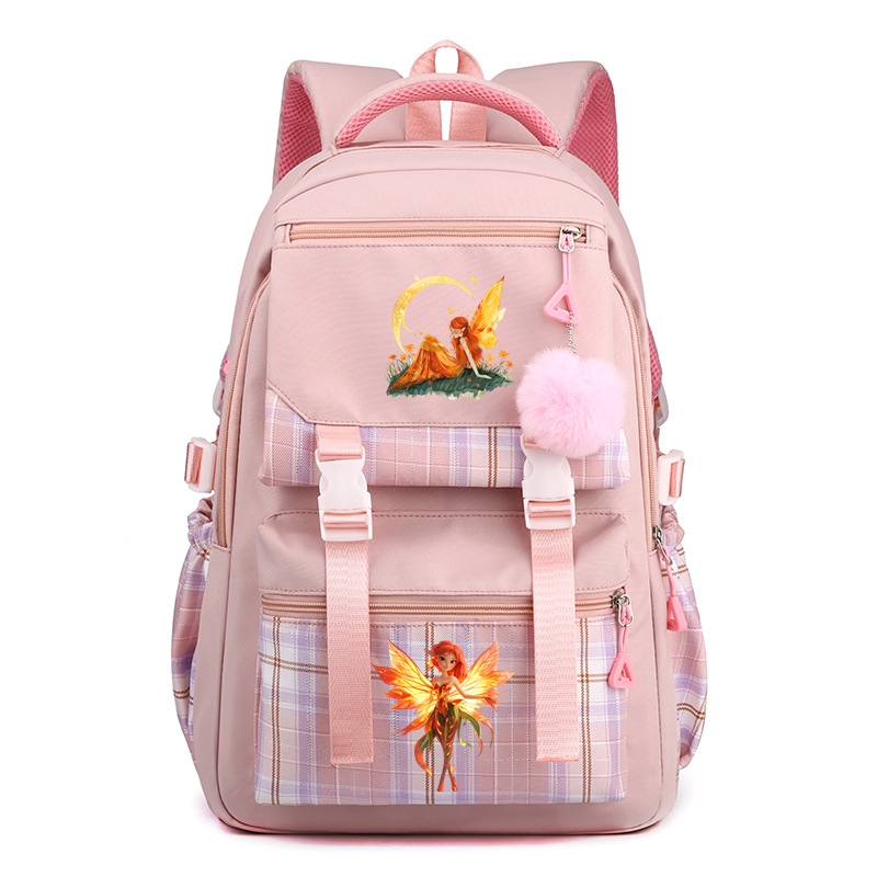 Orange Fairy Nylon School Backpack for Girls Waterproof Multiple Pockets Gift for Kids