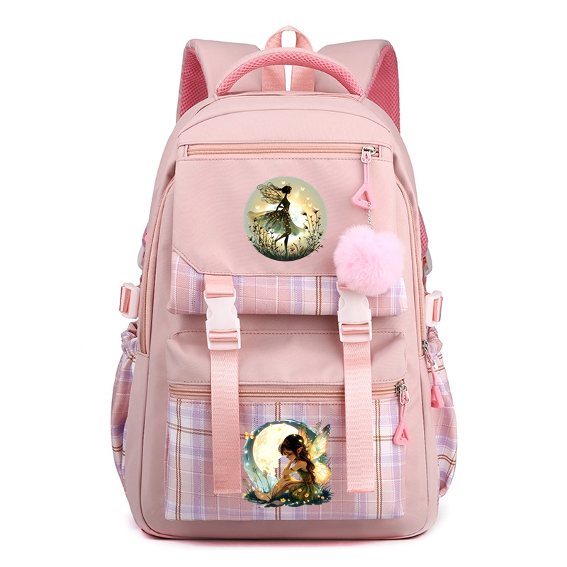 Fairy and Moon Nylon School Backpack for Girls Waterproof Multiple Pockets Gift for Kids