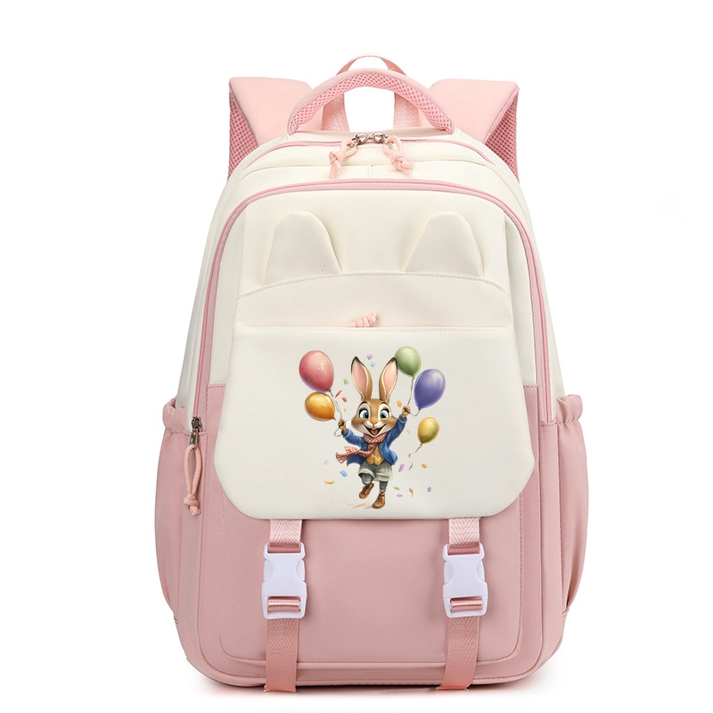 Cute Bunny Nylon School Backpack for Girls Waterproof Multiple Pockets Gift for Kids