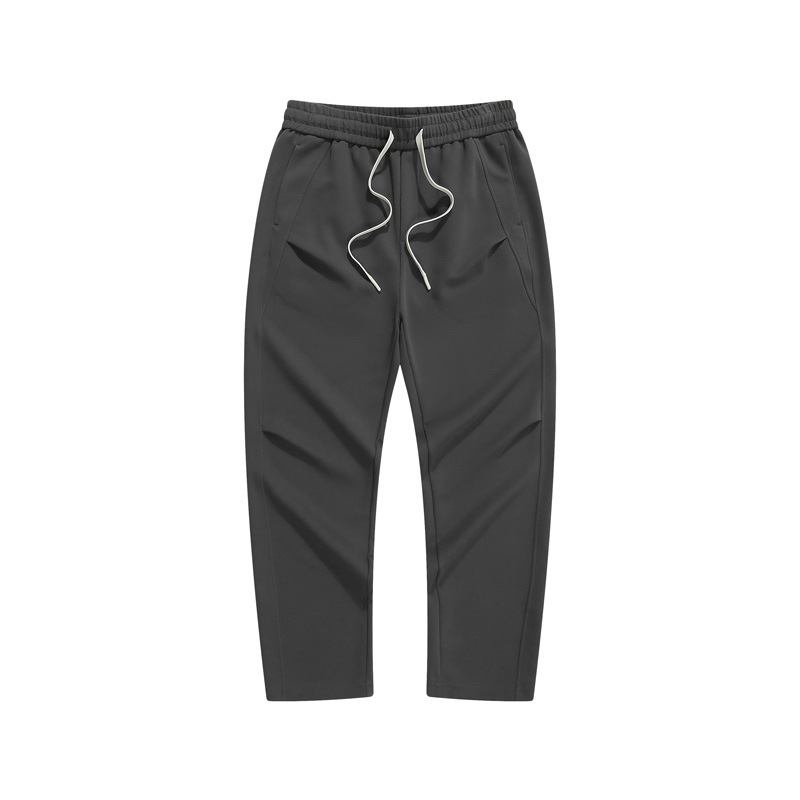 Men's Plain Dark Gray Pants with Drawstring Elastic Waistband Straight Fit Autumn Winter Pants
