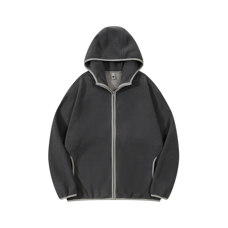 Men's Dark Gray Zipper Fleece Jacket with Hood Warm Jacket with Outer Pockets Casual Jacket