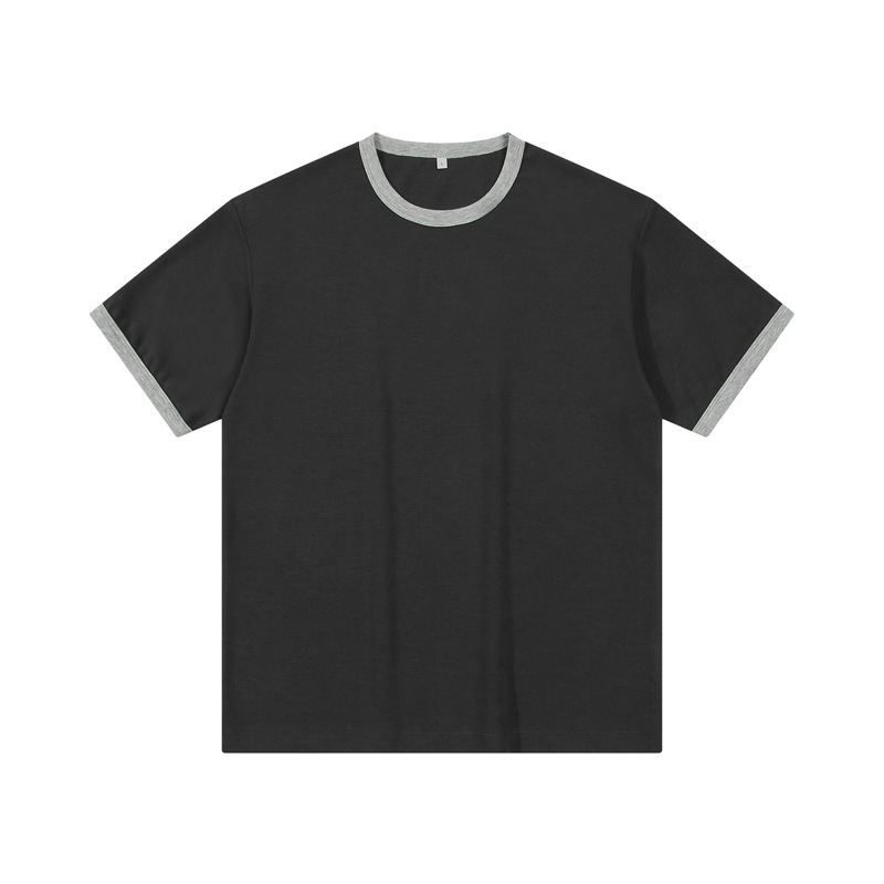 Men's Dark Gray Cotton Crew Neck T Shirt Drop Shoulder T Shirt with Light Gray Neckline Casual T Shirt