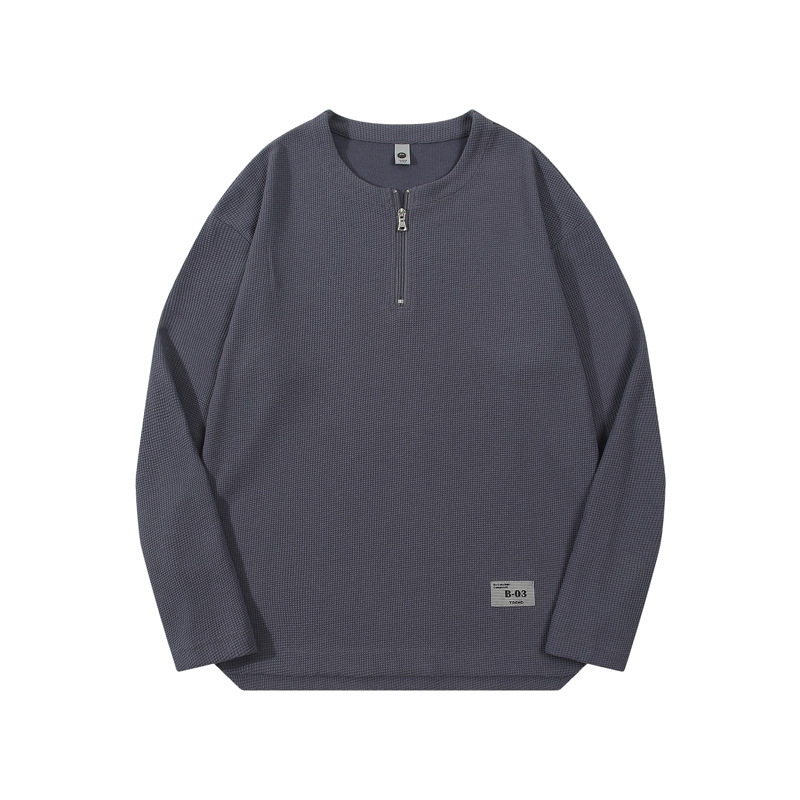 Men's Gray Zipper Crew Neck Sweatshirt Waffle Sweatshirt Plain Cotton Sweatshirt
