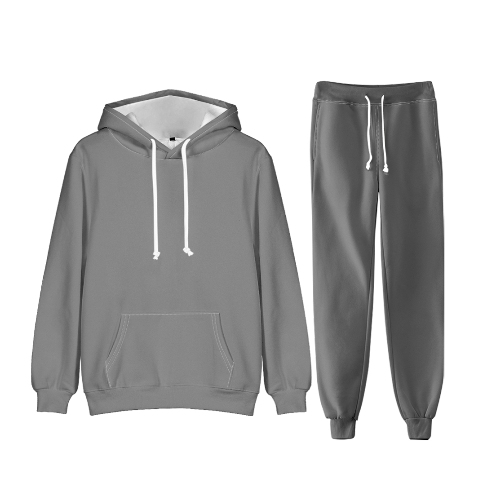 Gray Long Sleeve Pullover Hoodie and Jogger Pants Plain Gray Outfit 2 Pieces Suit Unisex Clothing for Adult