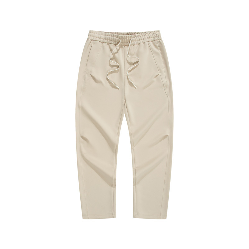 Men's Plain Beige Pants with Drawstring Elastic Waistband Straight Fit Autumn Winter Pants