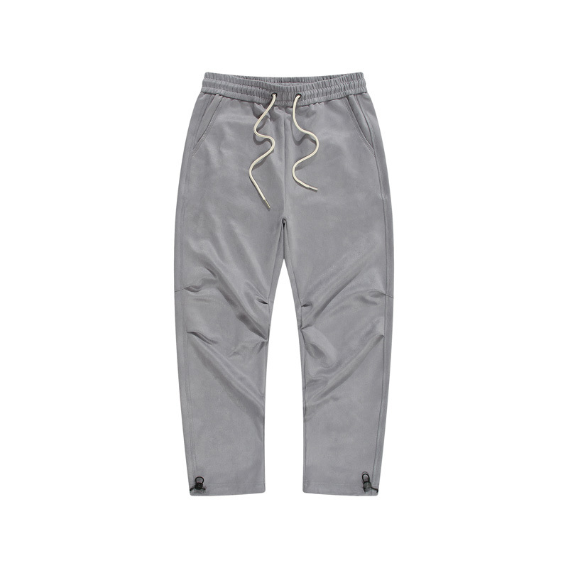 Men's Light Gray Suede Cargo Pants Plain Light Gray Pants with Elastic Waistband and Drawstring Fashion Pants