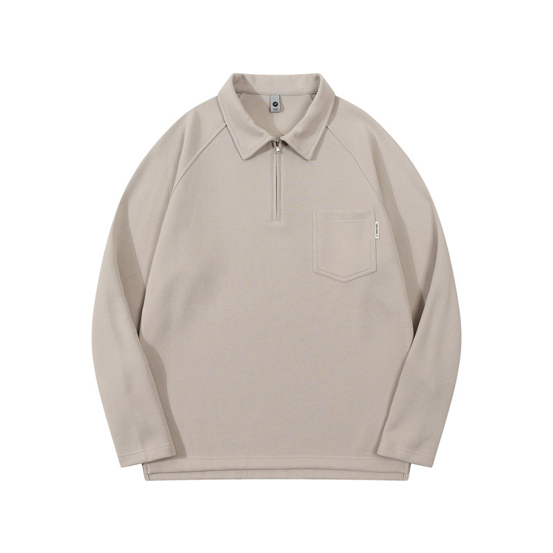 Men's Khaki Long Sleeve Polo Shirt with Front Pockets Plain Khaki  Sweatshirt with Zipper Casual Tops
