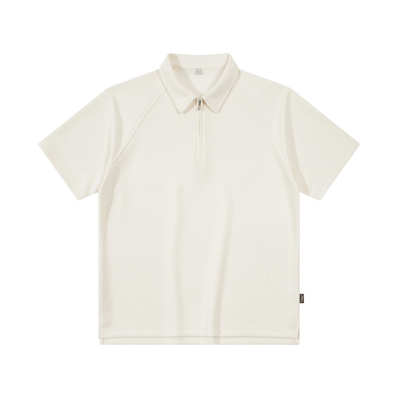 Men's Plain Beige Short Sleeve Polo Shirt with Zipper Casual Drop Shoulder Polo Shirt