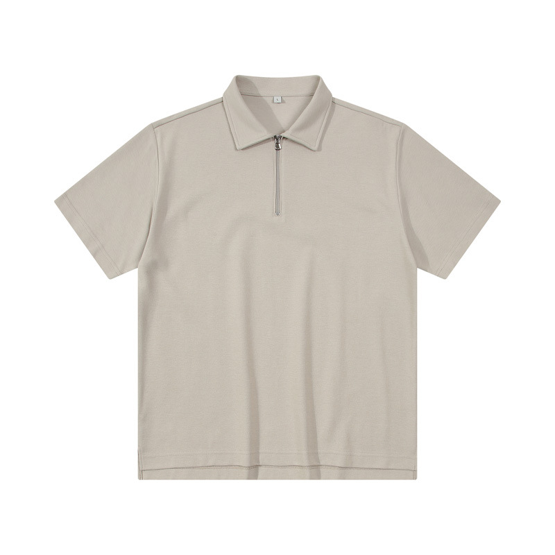 Men's Plain Beige Zipper Polo Shirt Casual Straight Fit Short Sleeve Polo Shirt 