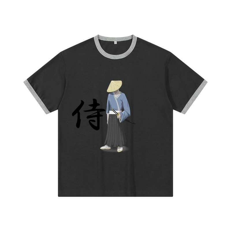 Samurai Cotton Crew Neck T Shirt Drop Shoulder T Shirt with Neckline Casual T Shirt