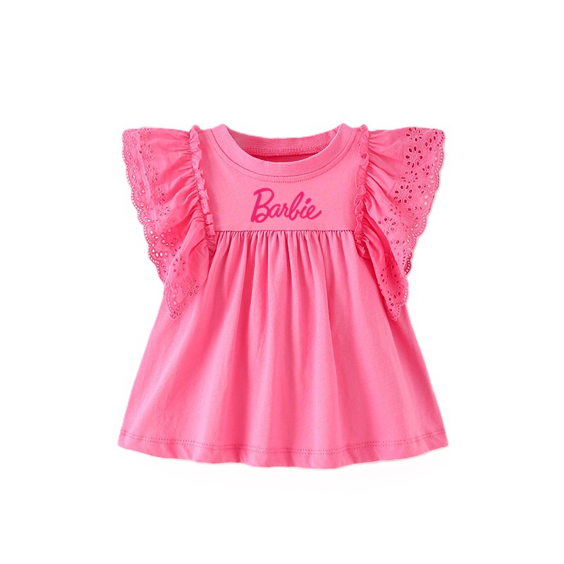 Girl's Barbie Pink T-Shirt Lace T-Shirt Lace Sleeve Tops Kid's Barbie Summer Tops